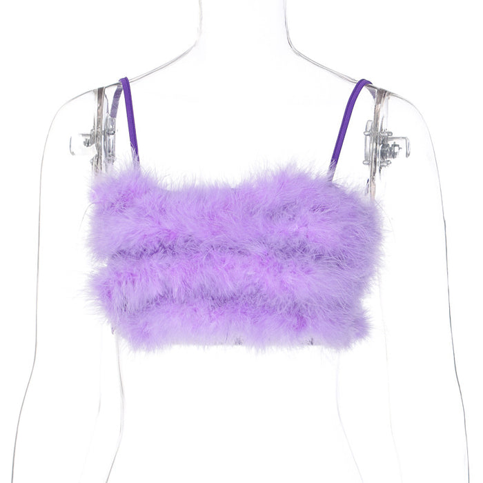 Color-Purple-Summer Autumn Women Fur Spaghetti Straps Corset Camisole-Fancey Boutique