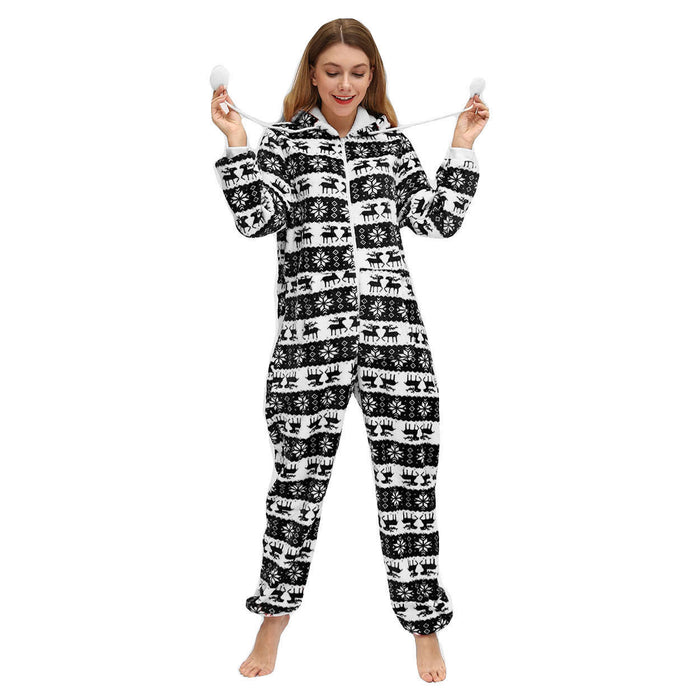 Color-Black Deer-Women Christmas Festival Deer Snowflake Flannel Jumpsuit Pajamas Home Wear-Fancey Boutique