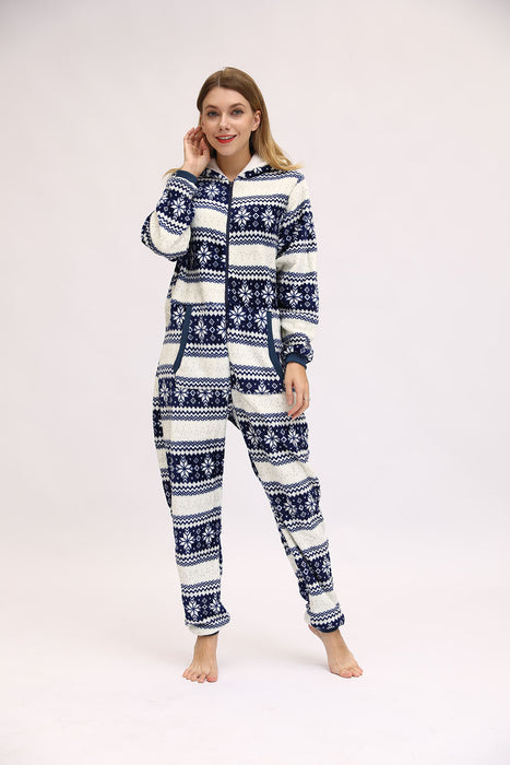 Color-Blue snowflake-Women Christmas Festival Deer Snowflake Flannel Jumpsuit Pajamas Home Wear-Fancey Boutique