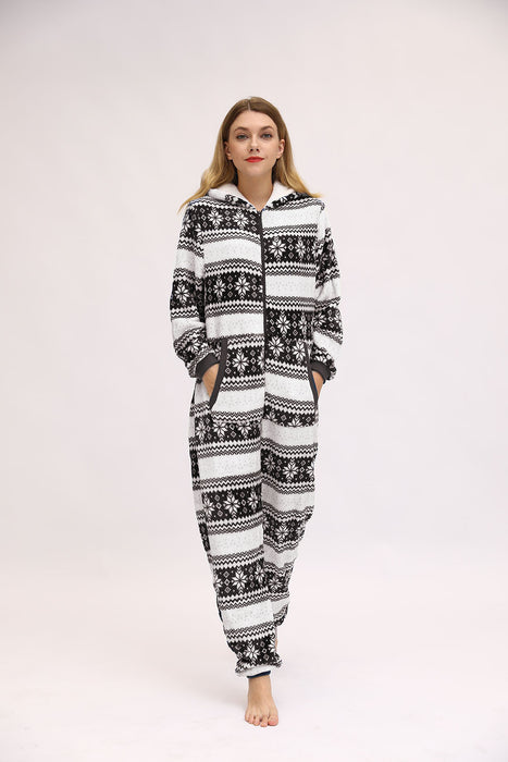 Color-Black Snowflake-Women Christmas Festival Deer Snowflake Flannel Jumpsuit Pajamas Home Wear-Fancey Boutique