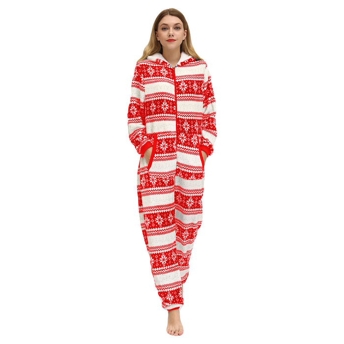 Color-Red snowflake-Women Christmas Festival Deer Snowflake Flannel Jumpsuit Pajamas Home Wear-Fancey Boutique