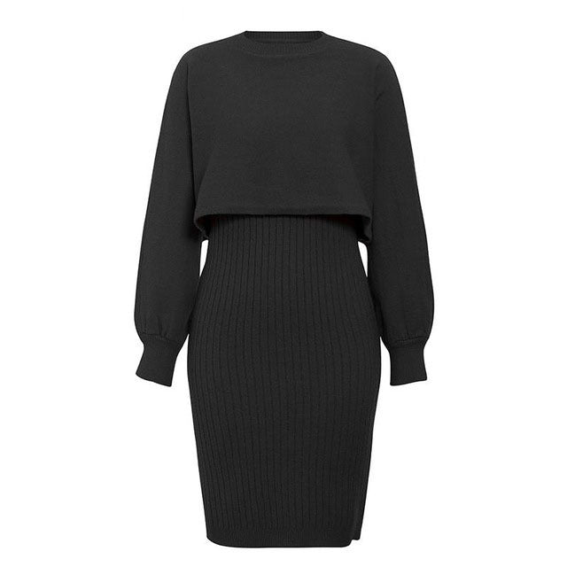 Color-Black-Knitted Dress Two Piece Set Autumn Winter Solid Color Pullover Sweater Women-Fancey Boutique