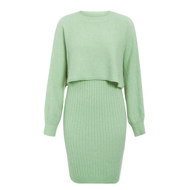 Color-Light Green-Knitted Dress Two Piece Set Autumn Winter Solid Color Pullover Sweater Women-Fancey Boutique