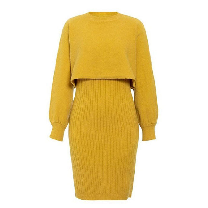 Color-Yellow-Knitted Dress Two Piece Set Autumn Winter Solid Color Pullover Sweater Women-Fancey Boutique