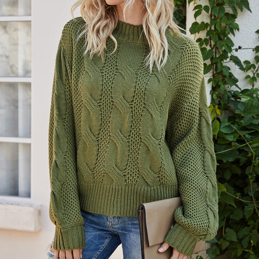 Color-Green-Autumn Winter Solid Color Twisted Mock Neck Sweater Sweater Long Sleeve Pullover Sweater-Fancey Boutique