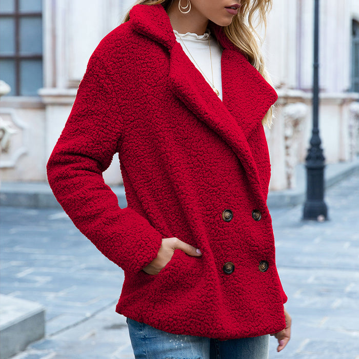 Color-Red-Autumn Winter Button Collared Loose Fleece Shirt Cashmere Wool Coat Women Outerwear-Fancey Boutique