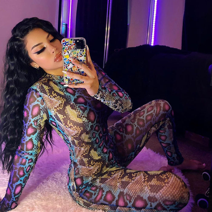 Color-Purple-Summer Women Snake Pattern Long Sleeve Tight Jumpsuit One Piece Trousers-Fancey Boutique