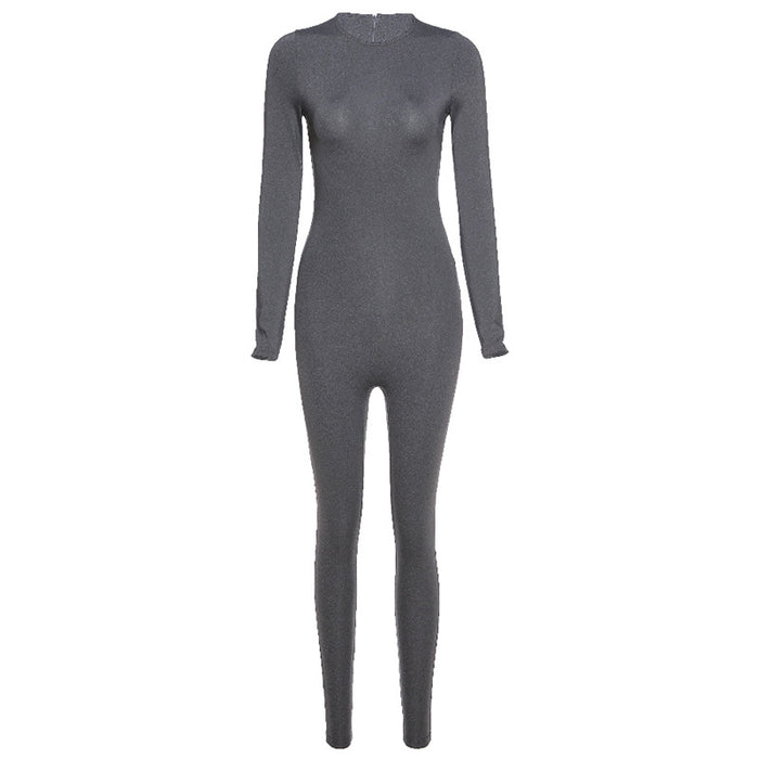 Color-Gray-Spring Women Long Sleeve Slim High Waist Hip Lift Sports Jumpsuit-Fancey Boutique