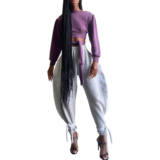 Color-Gray-Women Clothing Sexy Nightclub Solid Color Lace-up Ankle-Tied Wide Leg Casual Sports Pants-Fancey Boutique