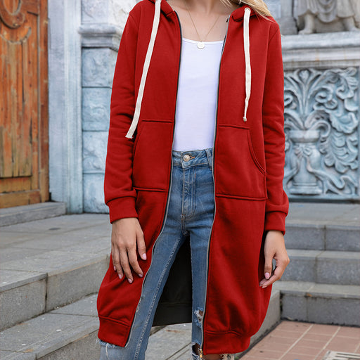 Color-Red-Women Clothing Autumn Winter Women Loose Hooded Mid Length Women Hoodies-Fancey Boutique