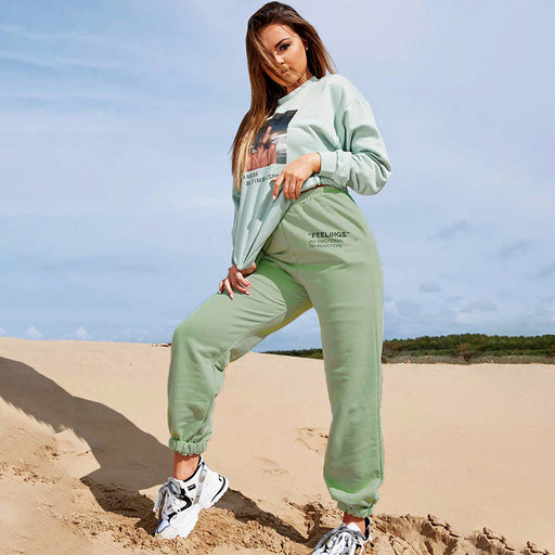 Color-Green-Summer Autumn Solid Color Slim Casual Pants Women Elastic Waistband Letter Graphic Printed Sweatpants-Fancey Boutique