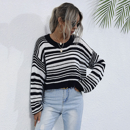 Color-Black-Autumn Winter Round Neck Knitwear Short Striped Contrast Color Sweater Women Pullover Top-Fancey Boutique