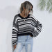 Color-Black-Autumn Winter Round Neck Knitwear Short Striped Contrast Color Sweater Women Pullover Top-Fancey Boutique