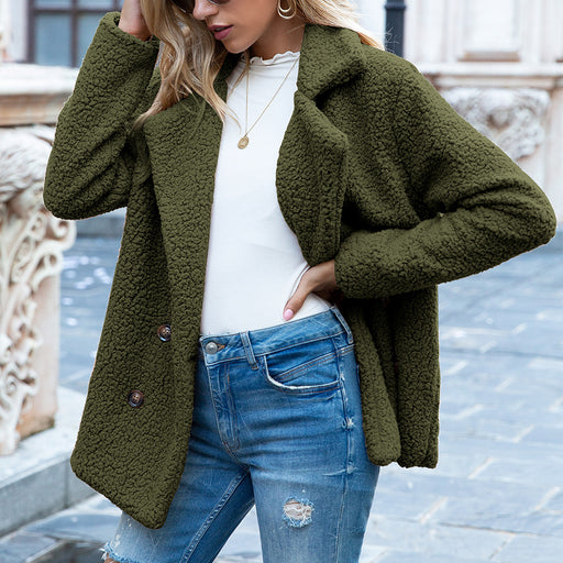 Color-Green-Autumn Winter Button Collared Loose Fleece Shirt Cashmere Wool Coat Women Outerwear-Fancey Boutique