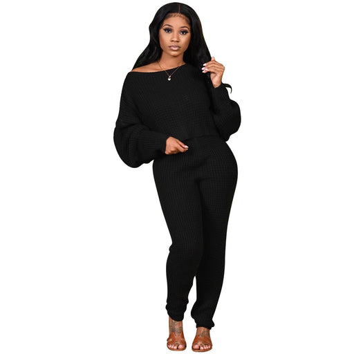 Color-Black-Winter Solid Color Batwing Sleeve Two Piece-Fancey Boutique