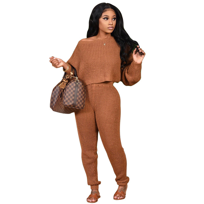 Color-Brown-Winter Solid Color Batwing Sleeve Two Piece-Fancey Boutique