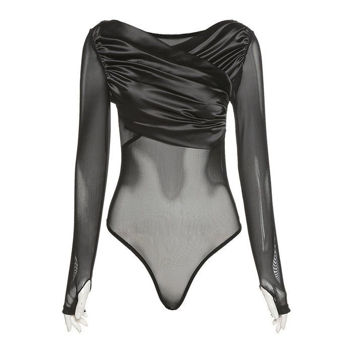 Color-Black-Autumn Winter Women off Shoulder Long Sleeve Design Sexy Mesh Slim T shirt for Women-Fancey Boutique