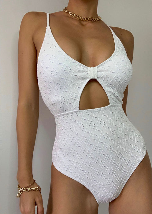 Swimsuit Solid Color One-Piece Hollow Out Cutout Mesh Embroidered Bikini Sexy Swimsuit-White-Fancey Boutique