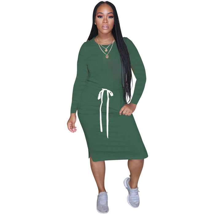 Color-Dark Green-Popular Classic Simple Casual Solid Color Long Sleeve Dress-Fancey Boutique