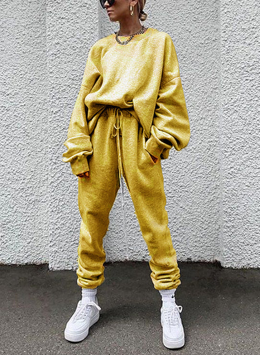 Color-Yellow-Solid Color Long-sleeved Trousers Loose Casual Suit-Fancey Boutique
