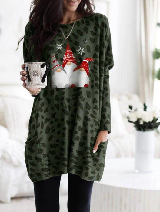 Color-Green-Autumn Winter Long Sleeve Pocket Leopard Print Christmas Print Dress-Fancey Boutique