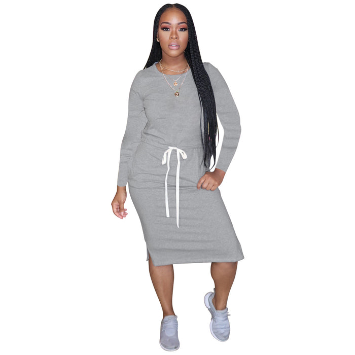 Color-Gray-Popular Classic Simple Casual Solid Color Long Sleeve Dress-Fancey Boutique