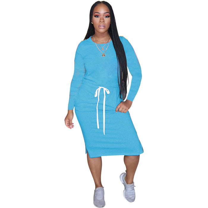 Color-Light Blue-Popular Classic Simple Casual Solid Color Long Sleeve Dress-Fancey Boutique