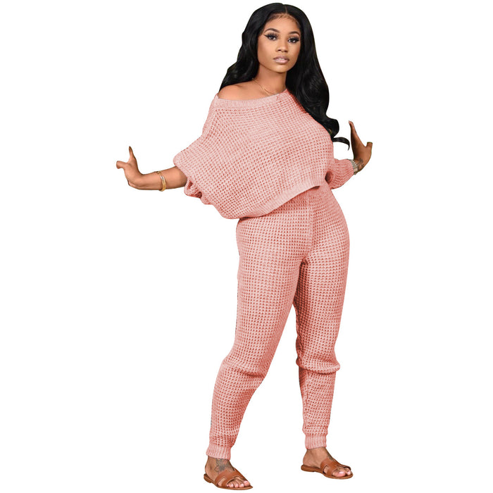 Color-Pink-Winter Solid Color Batwing Sleeve Two Piece-Fancey Boutique