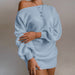Color-Ice Blue-Autumn Winter Women Clothing Casual Off-the-shoulder Lantern Sleeve Knitted Sweater Dress-Fancey Boutique