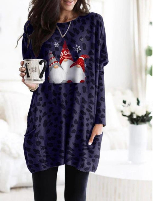 Color-Navy Blue-Autumn Winter Long Sleeve Pocket Leopard Print Christmas Print Dress-Fancey Boutique