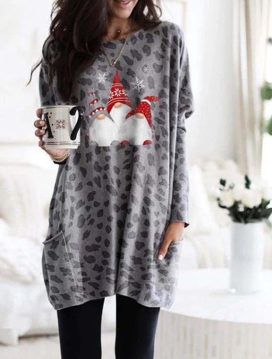 Color-Gray-Autumn Winter Long Sleeve Pocket Leopard Print Christmas Print Dress-Fancey Boutique