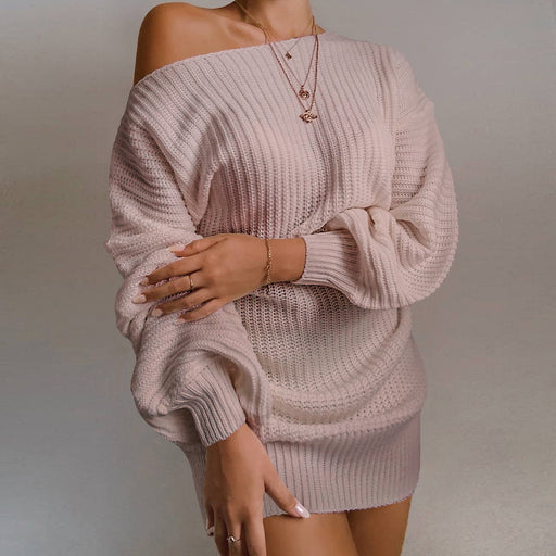 Color-Khaki-Autumn Winter Women Clothing Casual Off-the-shoulder Lantern Sleeve Knitted Sweater Dress-Fancey Boutique