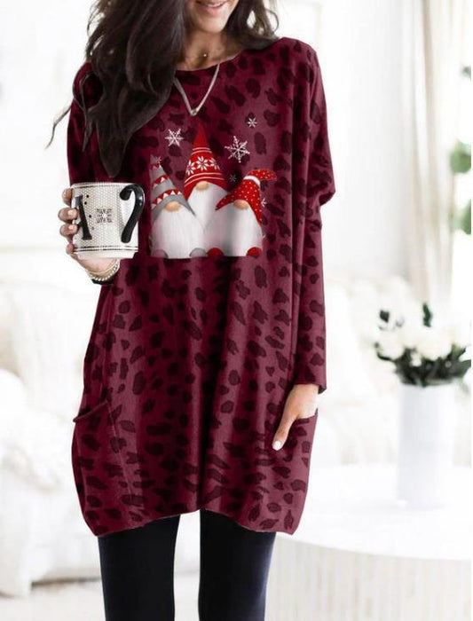 Color-Fuchsia-Autumn Winter Long Sleeve Pocket Leopard Print Christmas Print Dress-Fancey Boutique