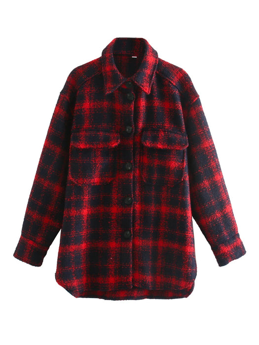 Color-Red-Blogger Street Coarse Woolen Loose Long Classic Retro Plaid Woolen Coat Women-Fancey Boutique