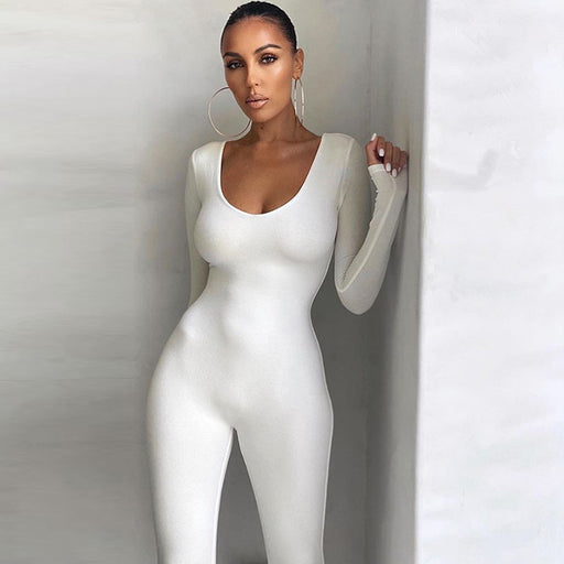 Color-Ivory-Women Autumn Winter Clothing Low Necked Close fitting Long Sleeve High Waist Solid Color Sports Fitness Jumpsuit-Fancey Boutique