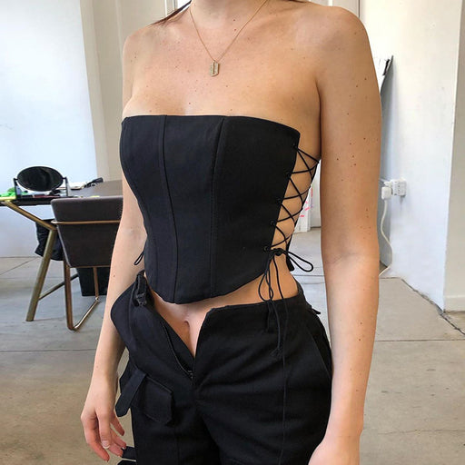 Color-Black-Women Clothing Spring Solid Color Sleeveless Wrapped Chest Two Side Strap Top Boning Corset Boning Corset Corset-Fancey Boutique