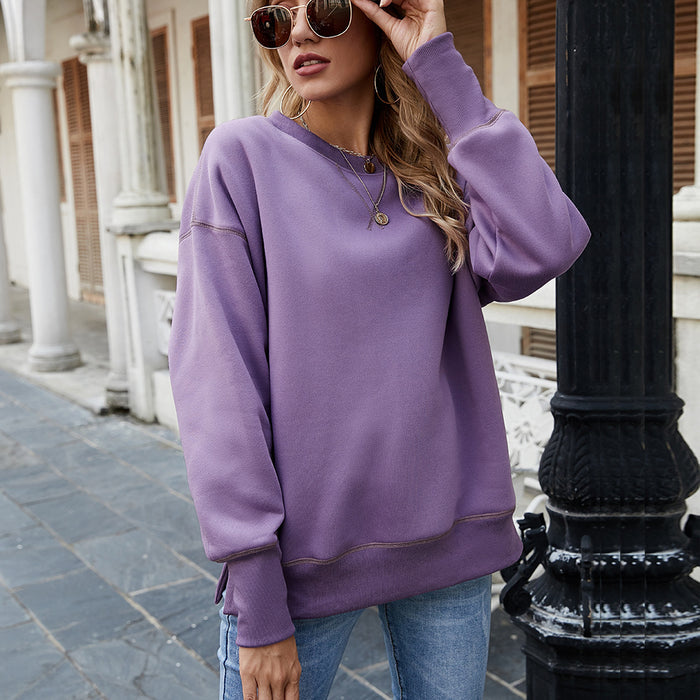 Color-Purple-RWinter Women Clothing Slit Hemline Hem Fleece Round Neck Pullover Thickened Sweater Women-Fancey Boutique