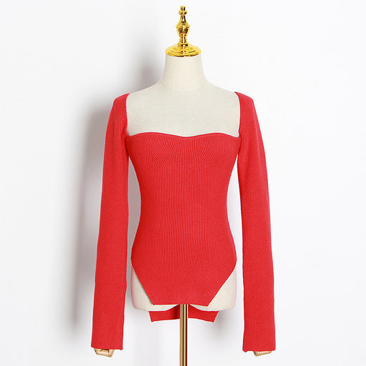 Color-Red-Spring Summer pirational Sexy Arc Hem Side Slit Inner Sweater Sweater-Fancey Boutique