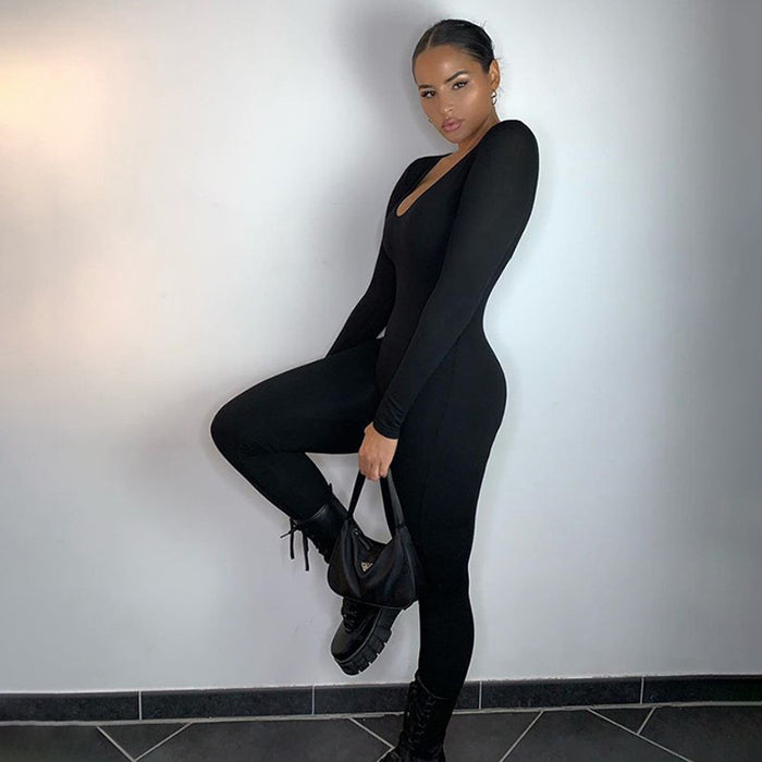 Color-Black-Low-necked Close-fitting Long Sleeve High Waist Solid Color Sports Fitness Jumpsuit-Fancey Boutique