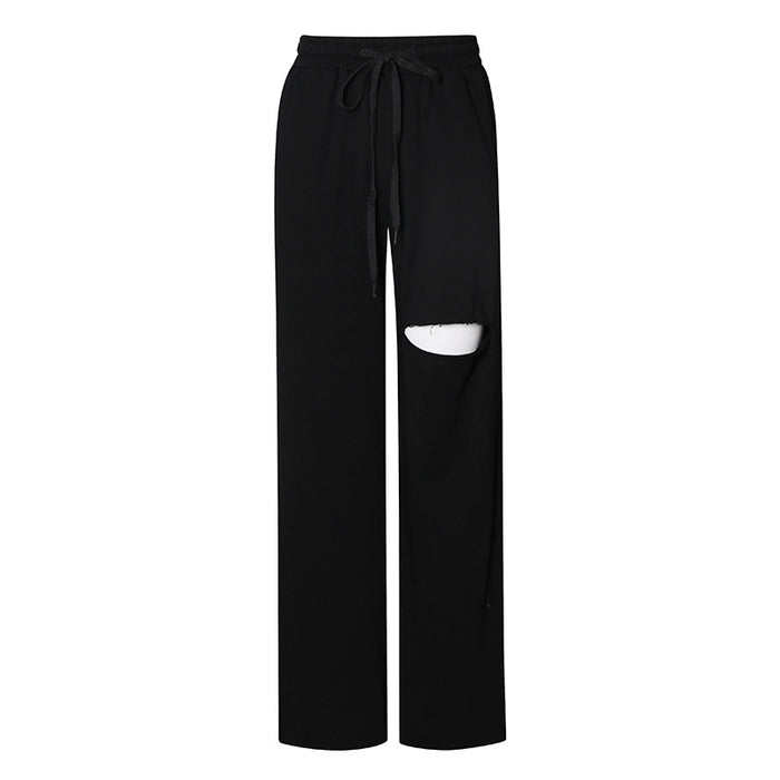 Color-Black-Casual Sweatpants Women Spring Slimming Holes Straight All Matching Sports Trousers Women Clothing-Fancey Boutique