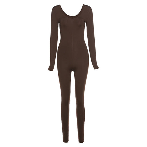 Color-Coffee-Low-necked Close-fitting Long Sleeve High Waist Solid Color Sports Fitness Jumpsuit-Fancey Boutique