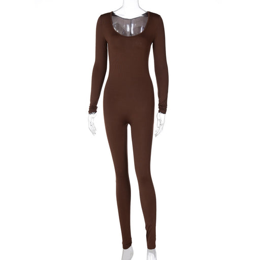 Color-Coffee-Women Clothing Autumn Long Sleeve Slim Fit Hip Raise Leggings Jumpsuit for Women-Fancey Boutique