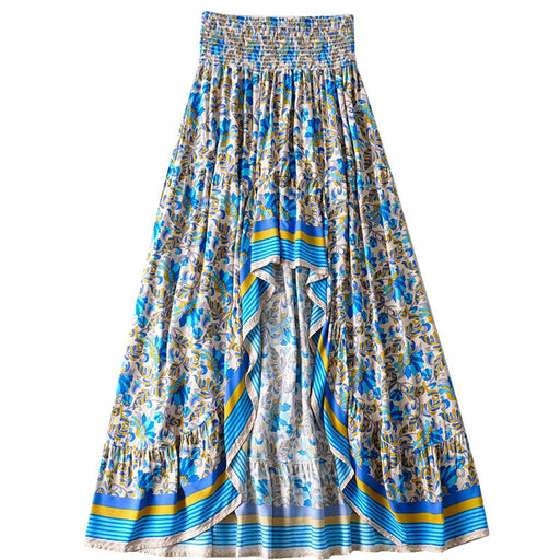 Color-Blue-Rayon Printed Irregular Asymmetric High Waist All Match Long Skirt For Women-Fancey Boutique