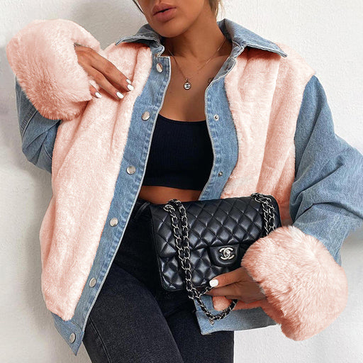 Color-Pink-Lady Denim Jacket Casual Plush Denim Stitching Warm Coat Fall winter Jacket-Fancey Boutique