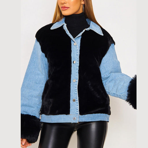 Color-Blue Black-Lady Denim Jacket Casual Plush Denim Stitching Warm Coat Fall winter Jacket-Fancey Boutique