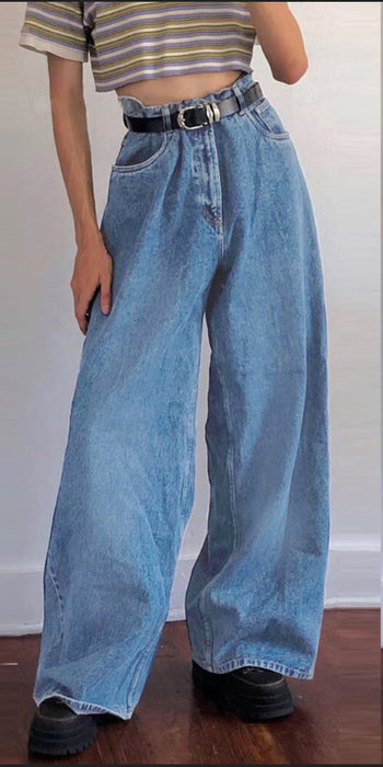 Trendy Wide-Leg Pants Exclusive for Classic High Waist Denim Flared Trousers-light blue-Fancey Boutique
