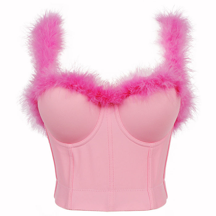 Furry Sexy Pink Girl Heart Bra Outer Wear Women Boning Corset Bra Wrapped Chest without Bunching-Pink-Fancey Boutique