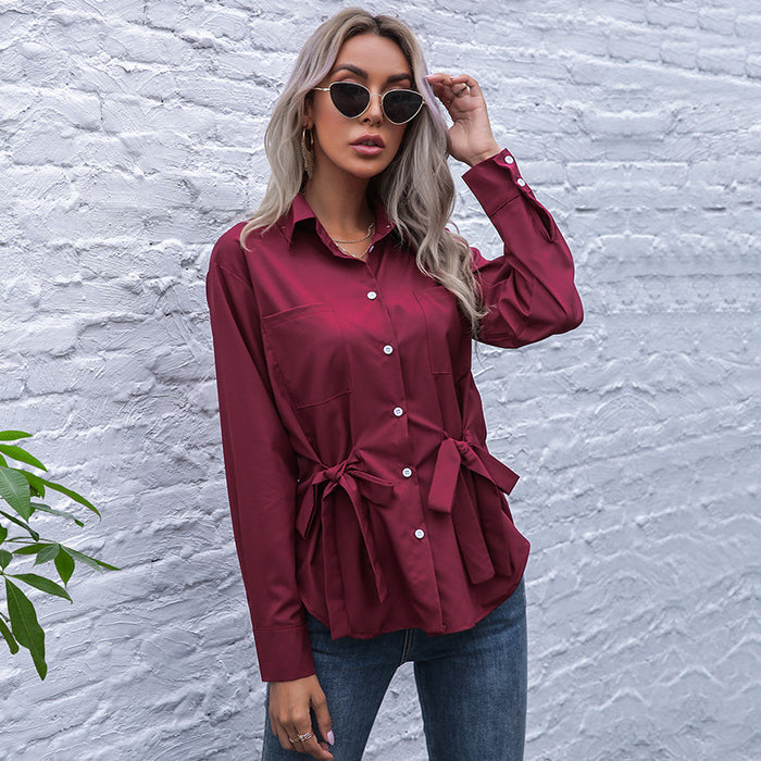 Color-Burgundy-Solid Color Polo Collar Slim Fit Casual Cardigan Design Lace Up Shirt Autumn-Fancey Boutique