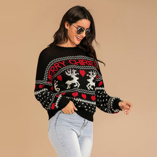 Color-Black-Winter Round Neck Pullover Middle East Red Knitted Christmas Sweater Loose Cashmere Sweater for Women-Fancey Boutique