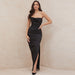 Satin Tube Top Split Knee Length Dress Sexy Evening Dress-Black-Fancey Boutique